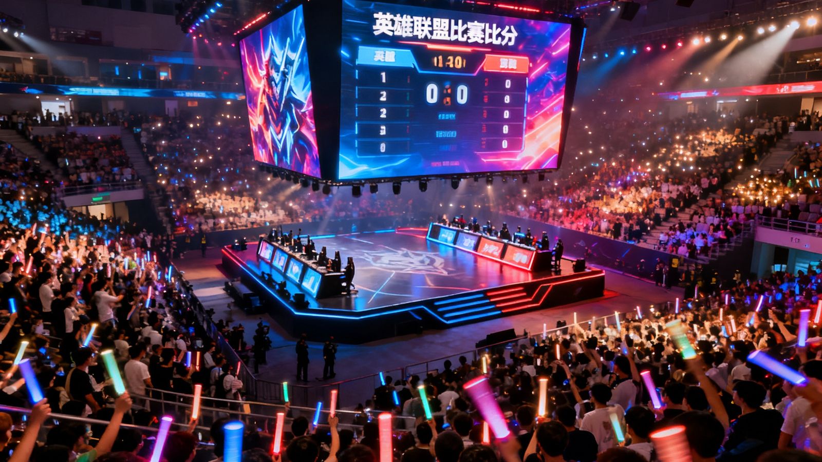电竞赛场俯拍全景图，舞台中央巨型LED屏幕正实时显示英雄联盟比赛比分，观众席坐满热情粉丝挥舞应援棒，灯光璀璨气氛热烈